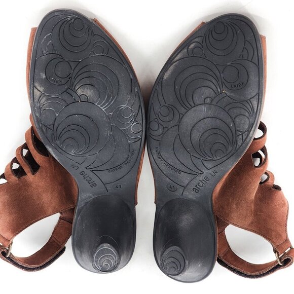 ARCHE Enexor Caged Brown Nubuck Peep Toe Wedge Heel Slingback Sandals - Picture 9 of 9